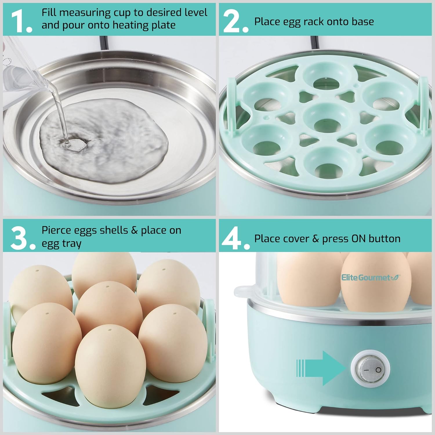 Elite Gourmet EGC115M Easy Electric Egg Cooker, 7-Egg Capacity, Soft, Medium, Hard Boiled Egg Maker, Auto Shut-Off, Includes Measuring Cup, BPA-Free, Retro Mint Green