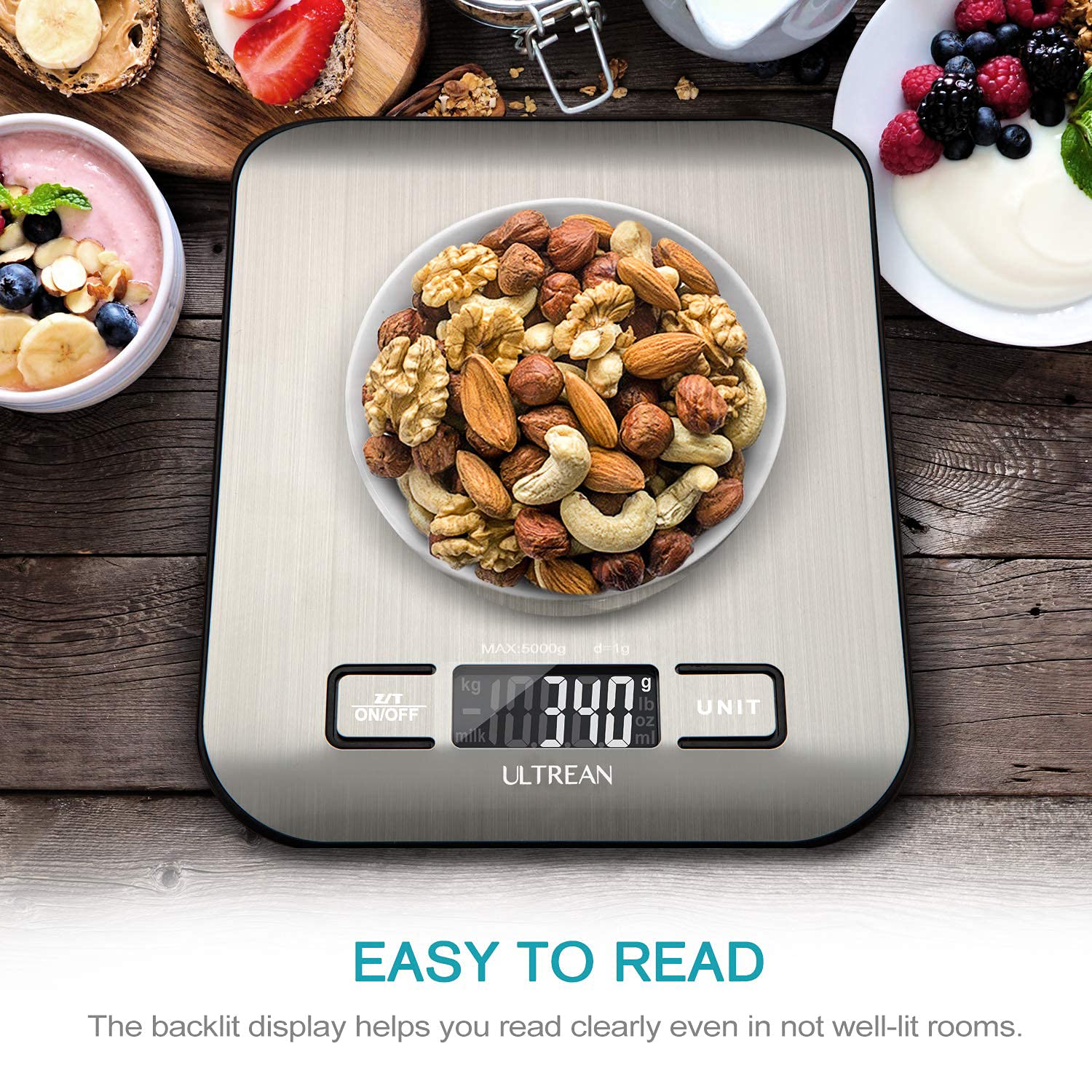 Ultrean Digital Food Scale, High Precision Kitchen Scale, Measures in Grams and Ounces for Cooking and Baking, 5 Units with Tare Function, Stainless Surface (Batteries Included) - Silver