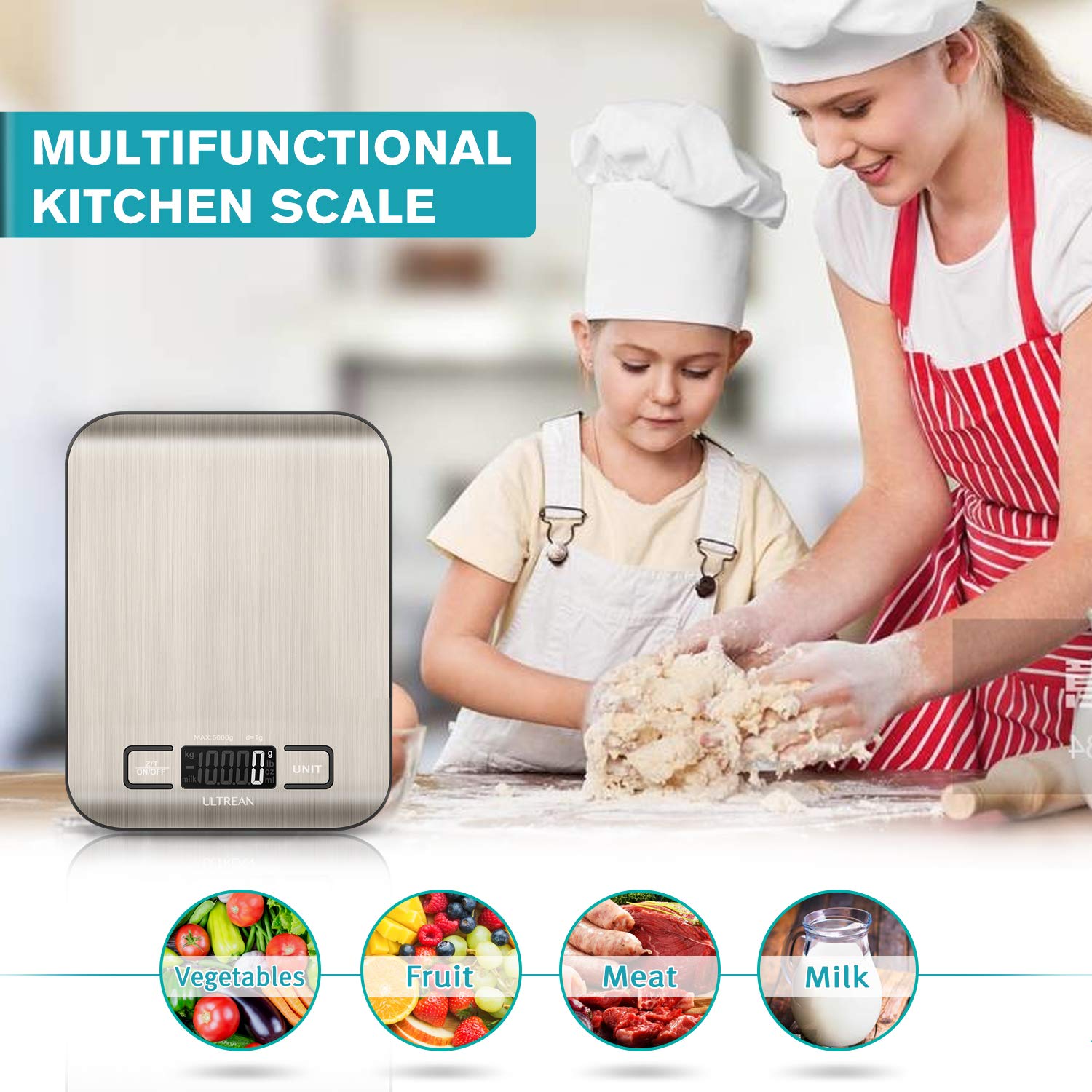 Ultrean Digital Food Scale, High Precision Kitchen Scale, Measures in Grams and Ounces for Cooking and Baking, 5 Units with Tare Function, Stainless Surface (Batteries Included) - Silver