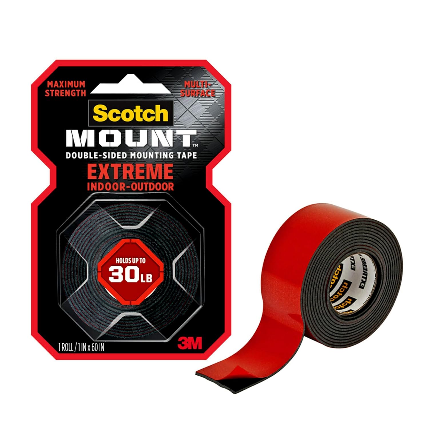 Scotch Mount Extreme Strong Tape 1 in x 60 in roll (25.4mm x 1.52m), 1 roll/pack | Holds 13.6kg whole role | Black color | Maximum strength| indoor and Outdoor | No Tools | Double Sided Adhesive Tape