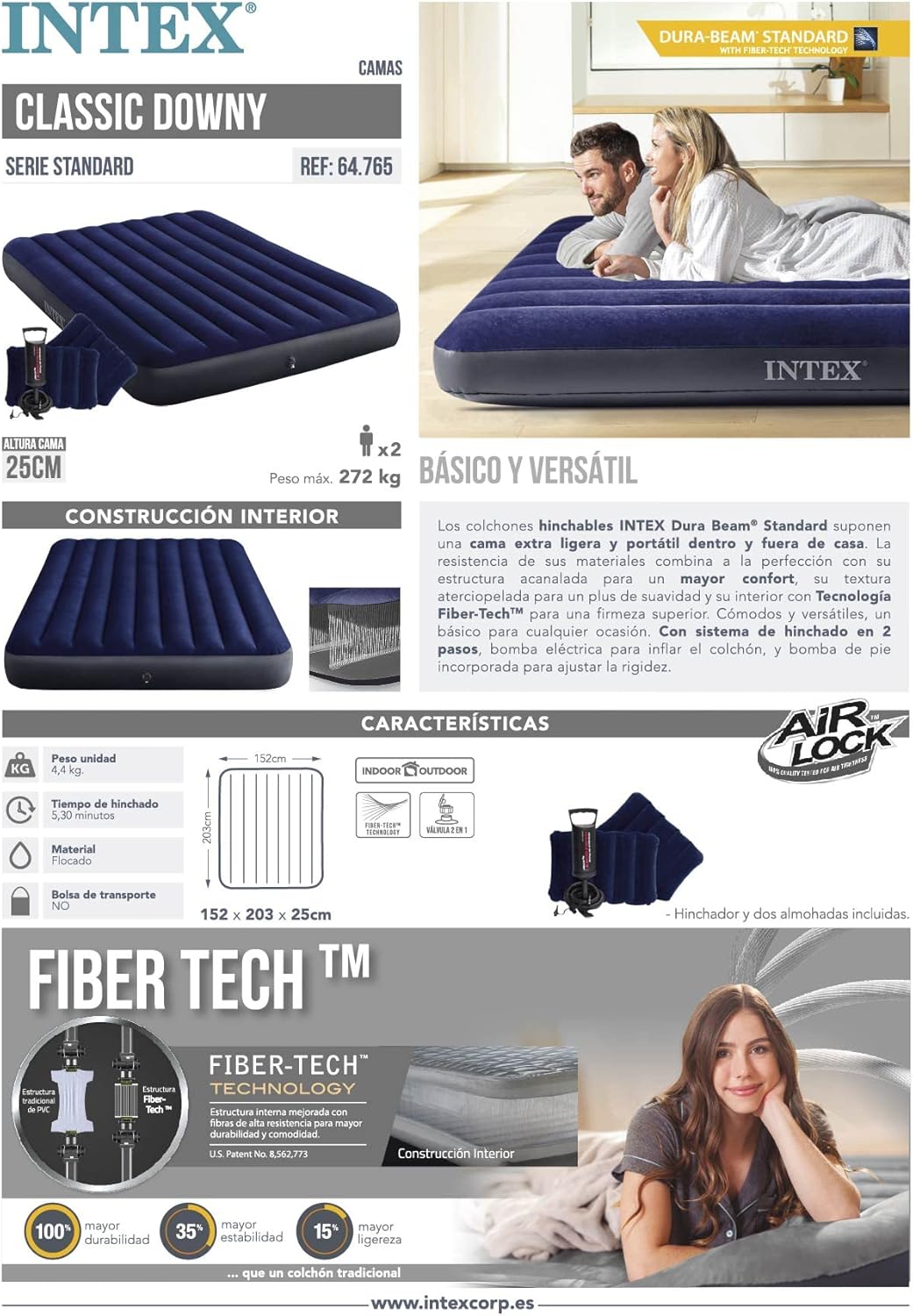 Intex Dura-Beam Standard Classic Downy Air Bed, 64765, 1.52m x 2.03 x 25 cm