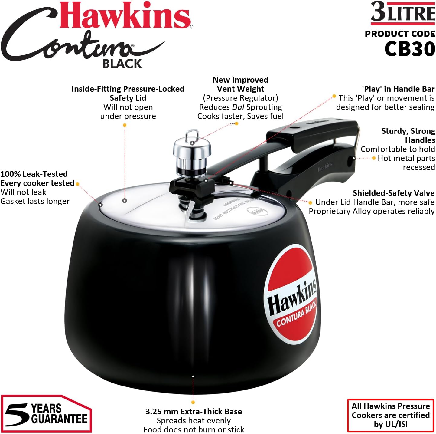 Hawkins 3-Litre Contura Black Pressure Cooker, Hard Anodized Inner Lid Cooker, Handi Pot, Black (CB30)