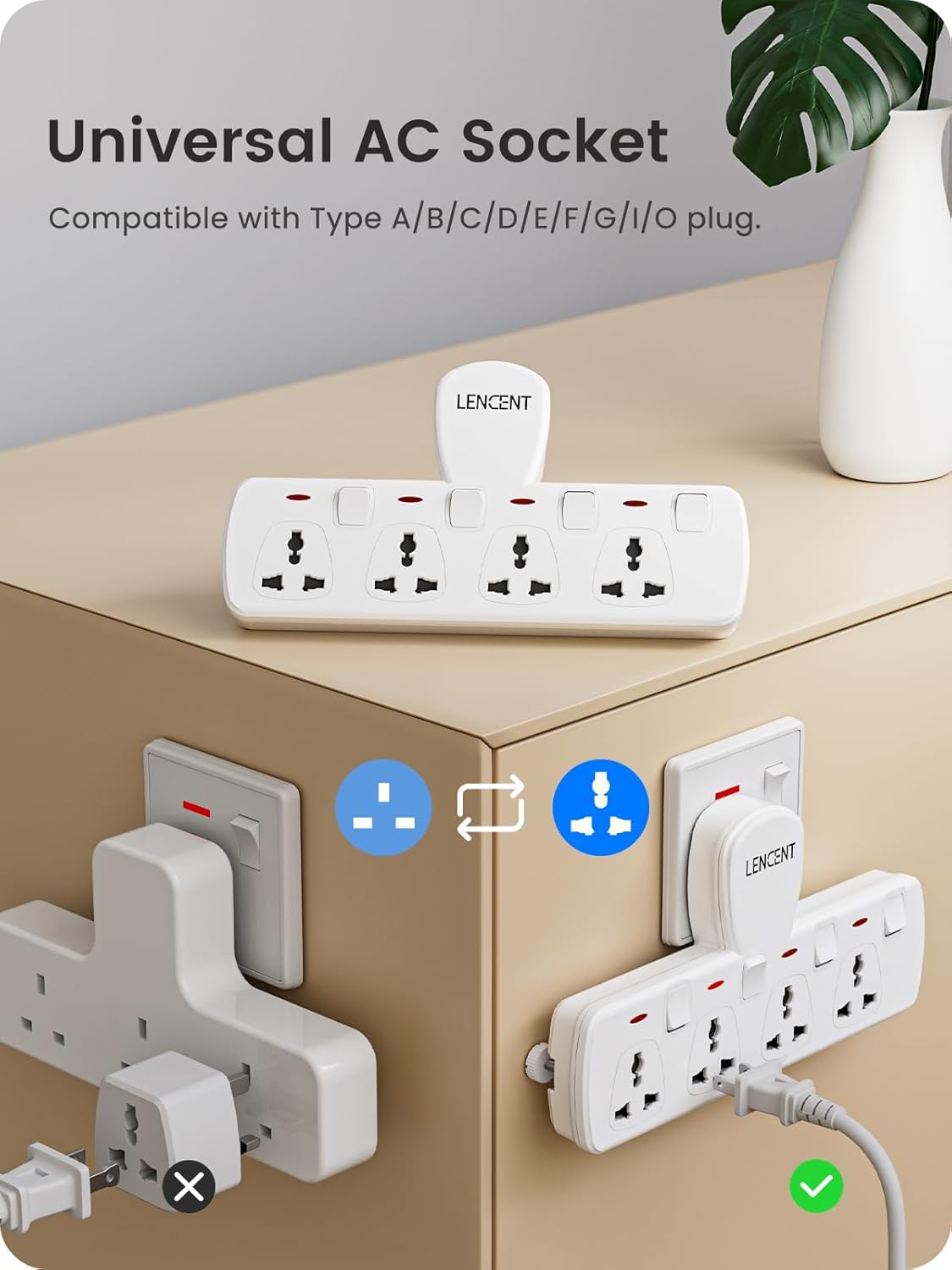 LENCENT Multi Plug Extension Socket, 4 Way Electrical Outlet Extender, Wall Charger, Universal Plug Adapter, Charging Station for Home, Office, Kitchen, Individually Switched