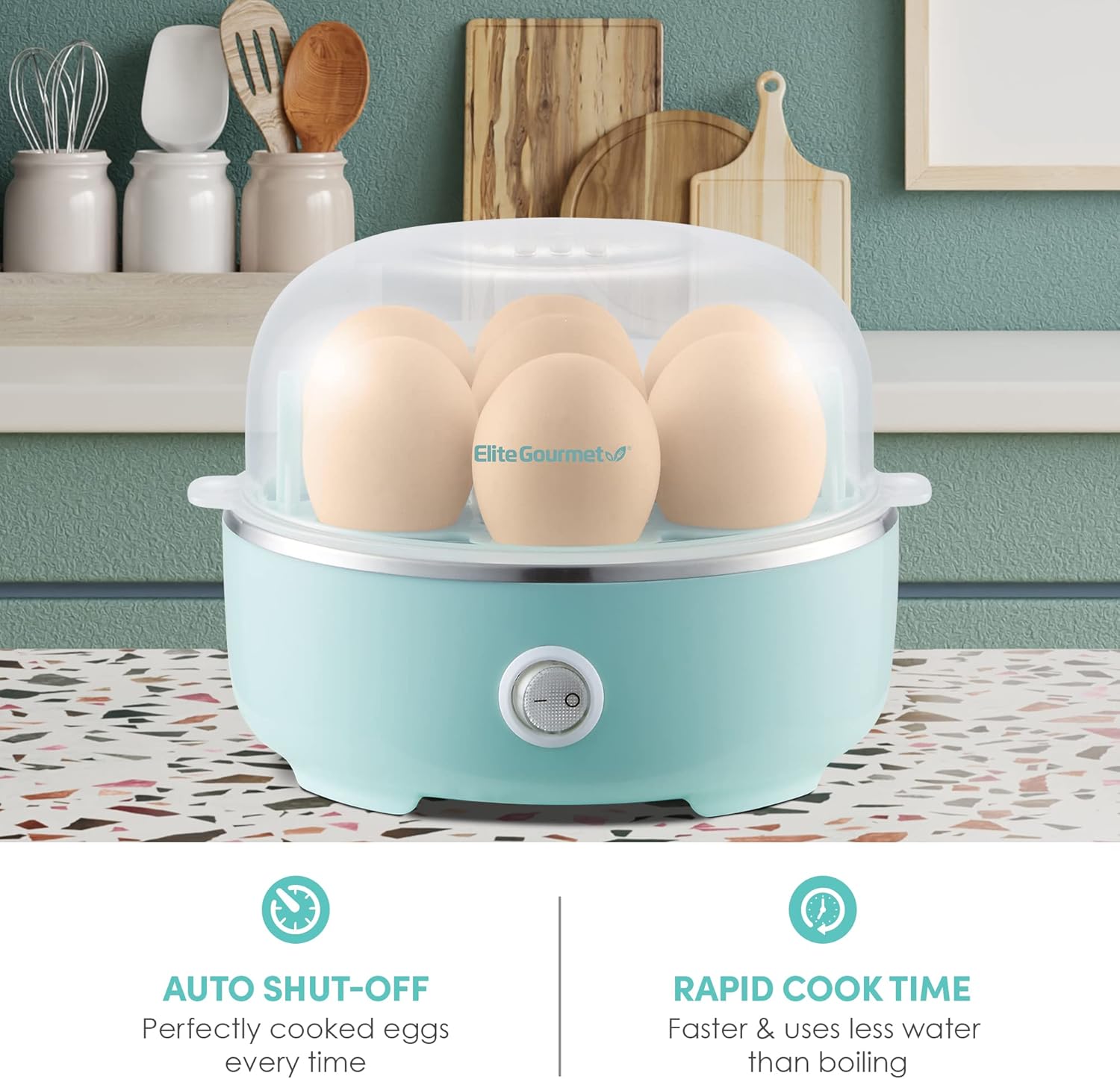 Elite Gourmet EGC115M Easy Electric Egg Cooker, 7-Egg Capacity, Soft, Medium, Hard Boiled Egg Maker, Auto Shut-Off, Includes Measuring Cup, BPA-Free, Retro Mint Green