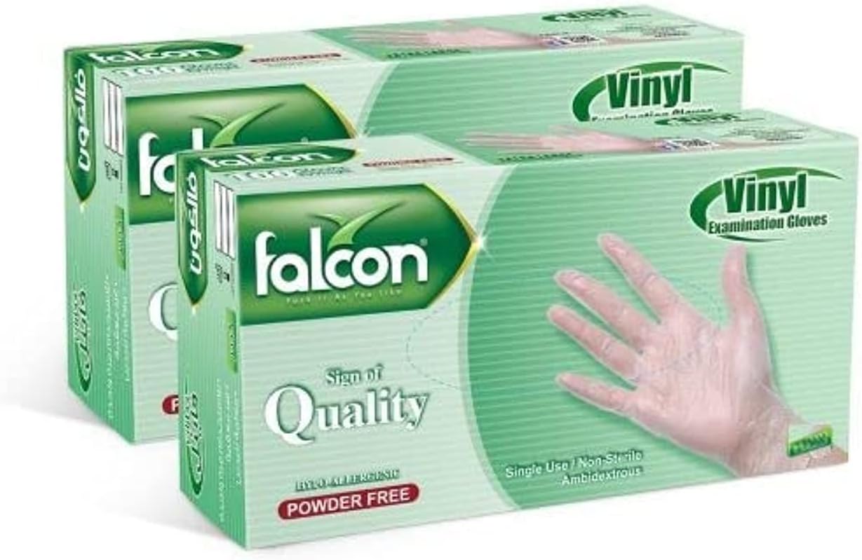 Falcon EZUK Vinyl Gloves - Clear Powder Free Medium (2 Packs x 100 Pieces)