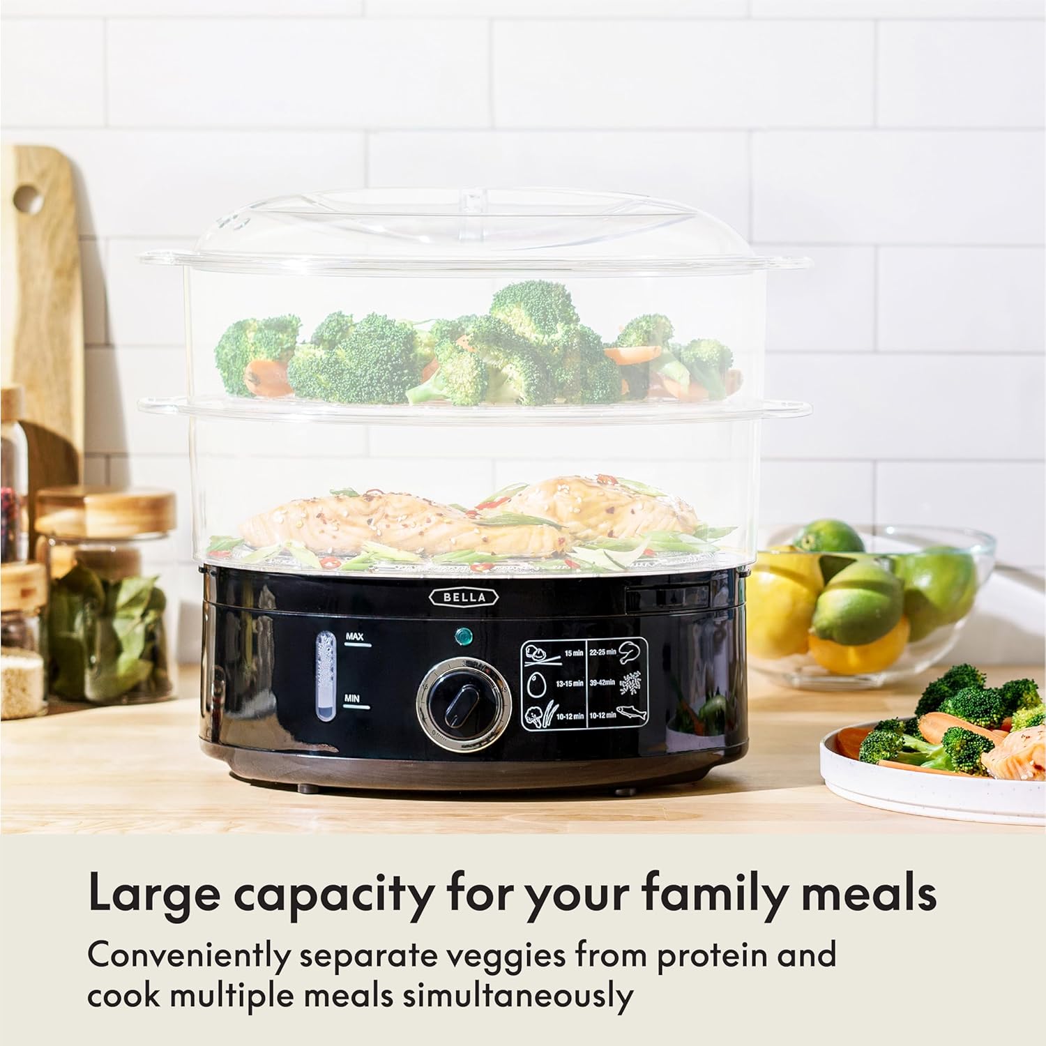 BELLA Double Tier Food Steamer with Dishwasher-Safe Lid, Stackable Baskets & Removable Base, Cooks Quickly & Simultaneously - Auto Shut-Off & Dry Boil Protection, Stainless Steel, 7.4-Quart, Black