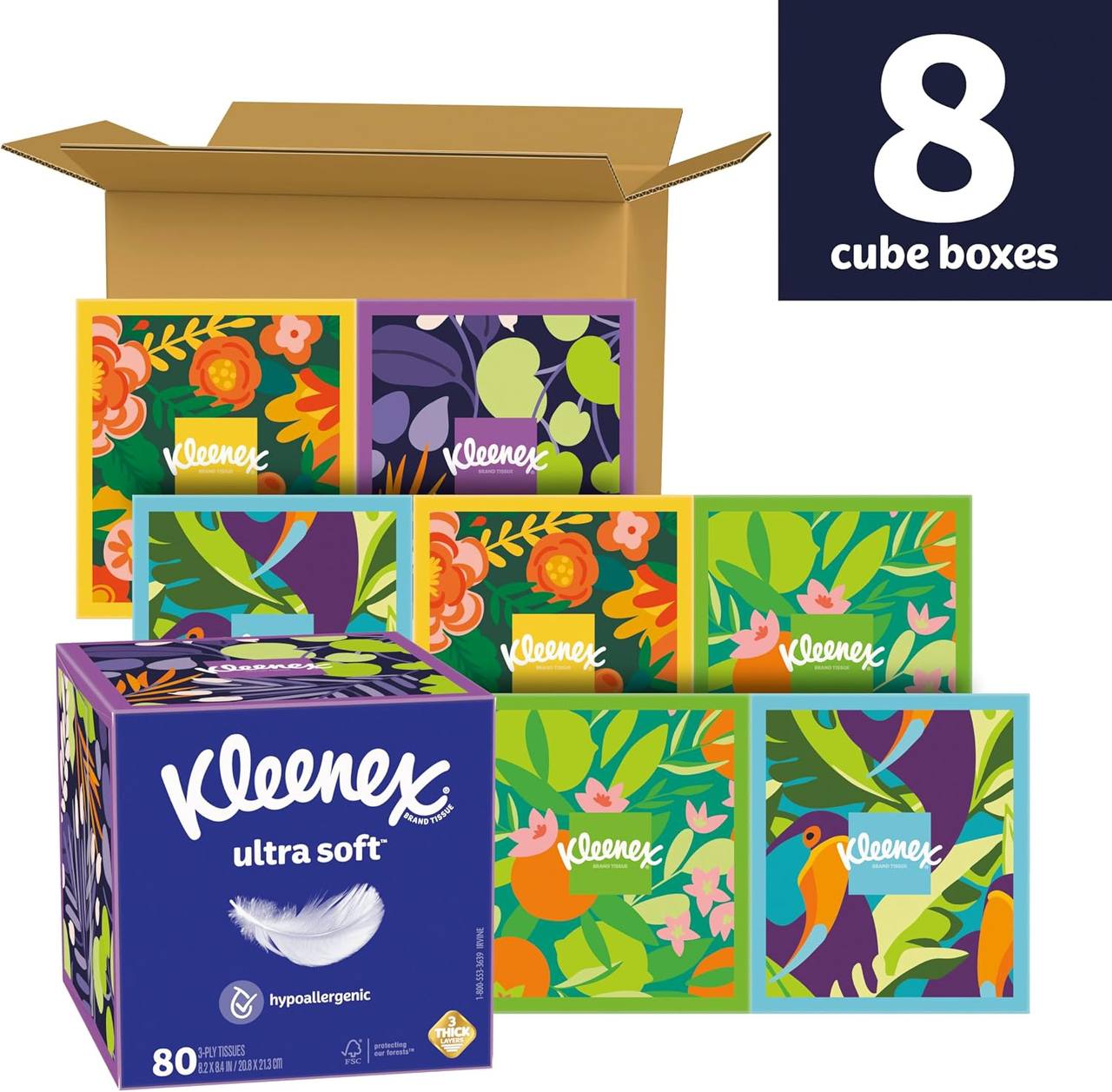 Kleenex Ultra Soft Facial Tissues, 8 Cube Boxes, 80 Tissues per Box, 3-Ply, Packaging May Vary