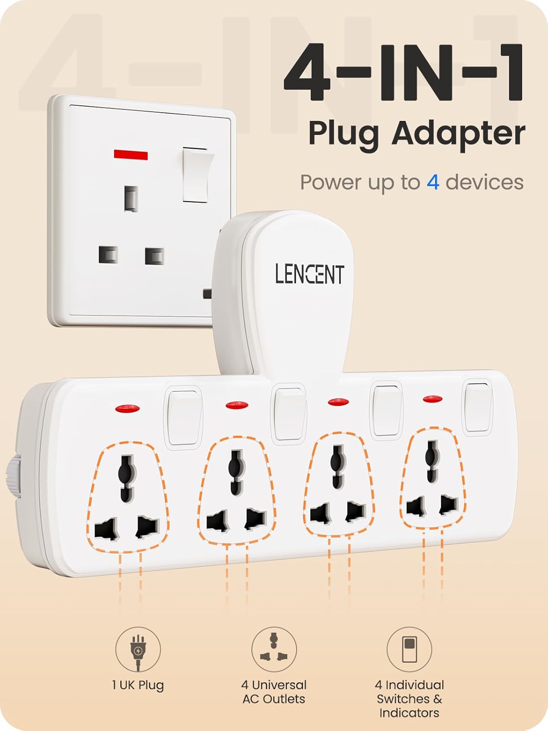 LENCENT Multi Plug Extension Socket, 4 Way Electrical Outlet Extender, Wall Charger, Universal Plug Adapter, Charging Station for Home, Office, Kitchen, Individually Switched