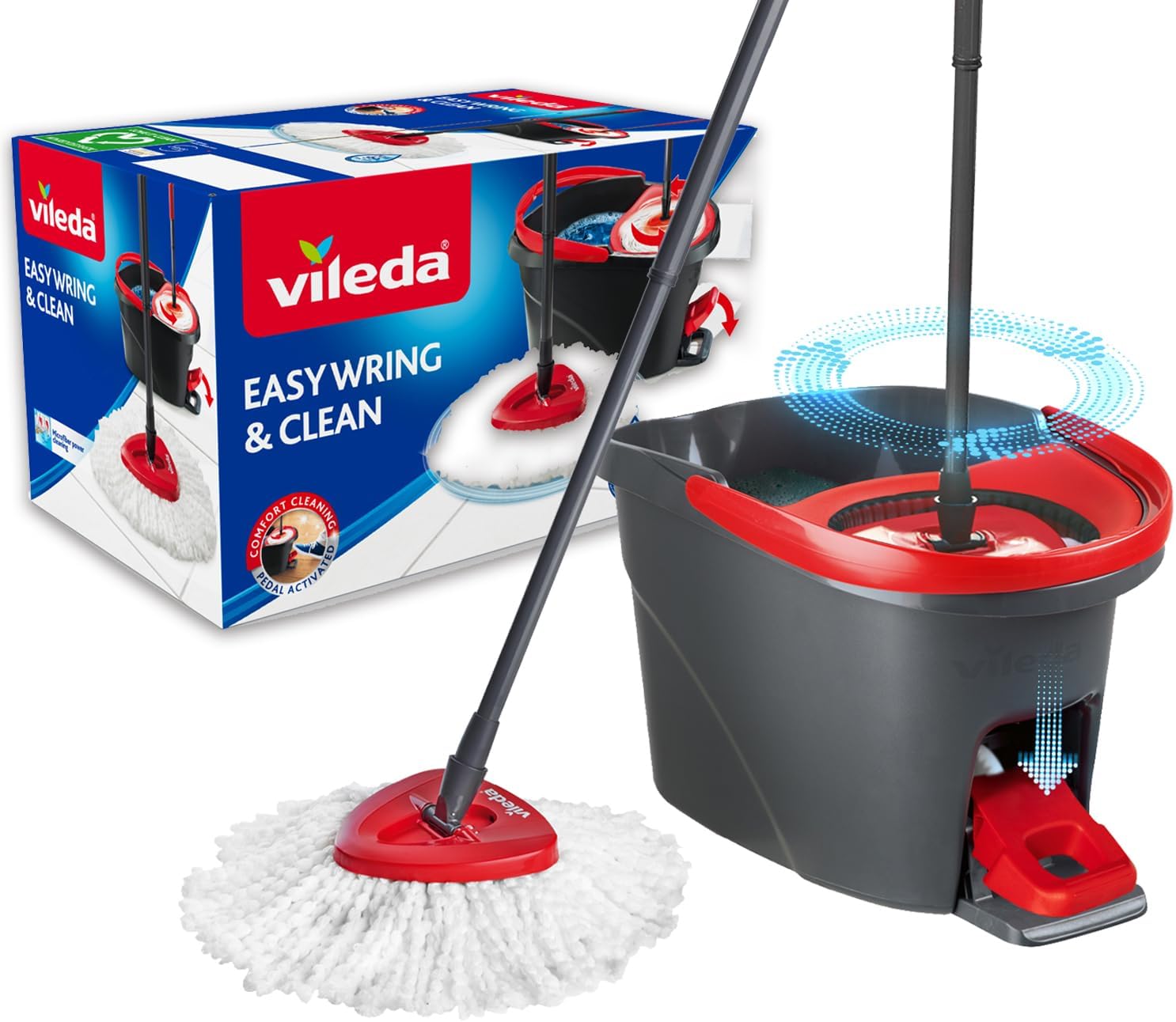 Vileda Easy Wring & Clean spin mop & bucket set with foot pedal | Vileda |3-Piece Handle 130 cm |Floor mop with spinning wringer | Turbo Refill 100% Microfibre mop head |