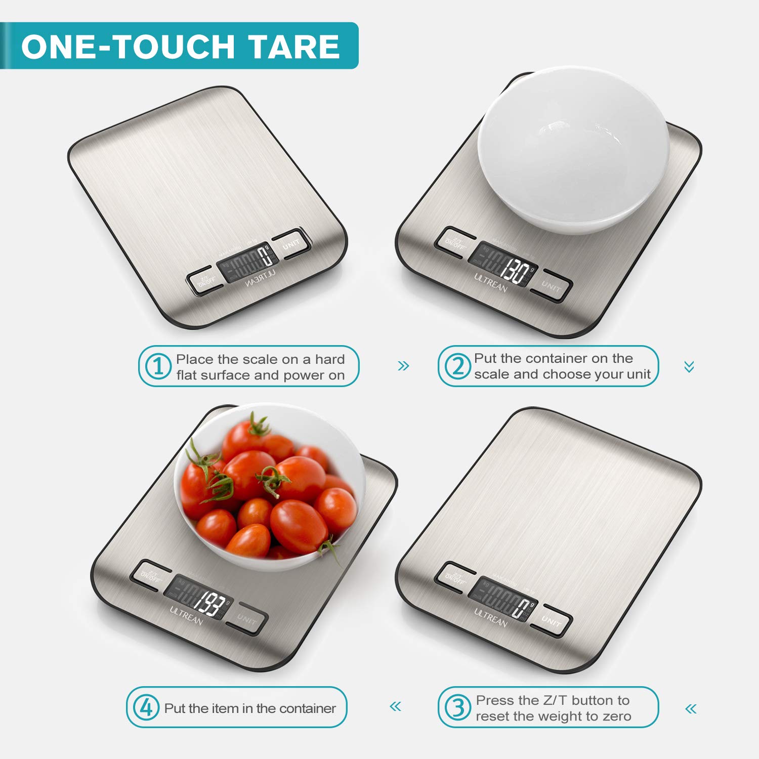 Ultrean Digital Food Scale, High Precision Kitchen Scale, Measures in Grams and Ounces for Cooking and Baking, 5 Units with Tare Function, Stainless Surface (Batteries Included) - Silver