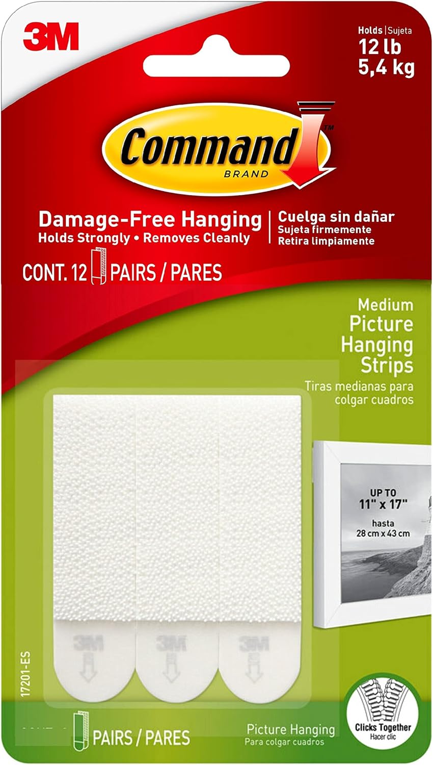 Command Picture Medium Hanging Strips White color Value pack, 12 pairs/pack | Holds 5.4 kg whole pack | Organize | Decoration | No Tools | Holds Strongly | Damage-Free Hanging