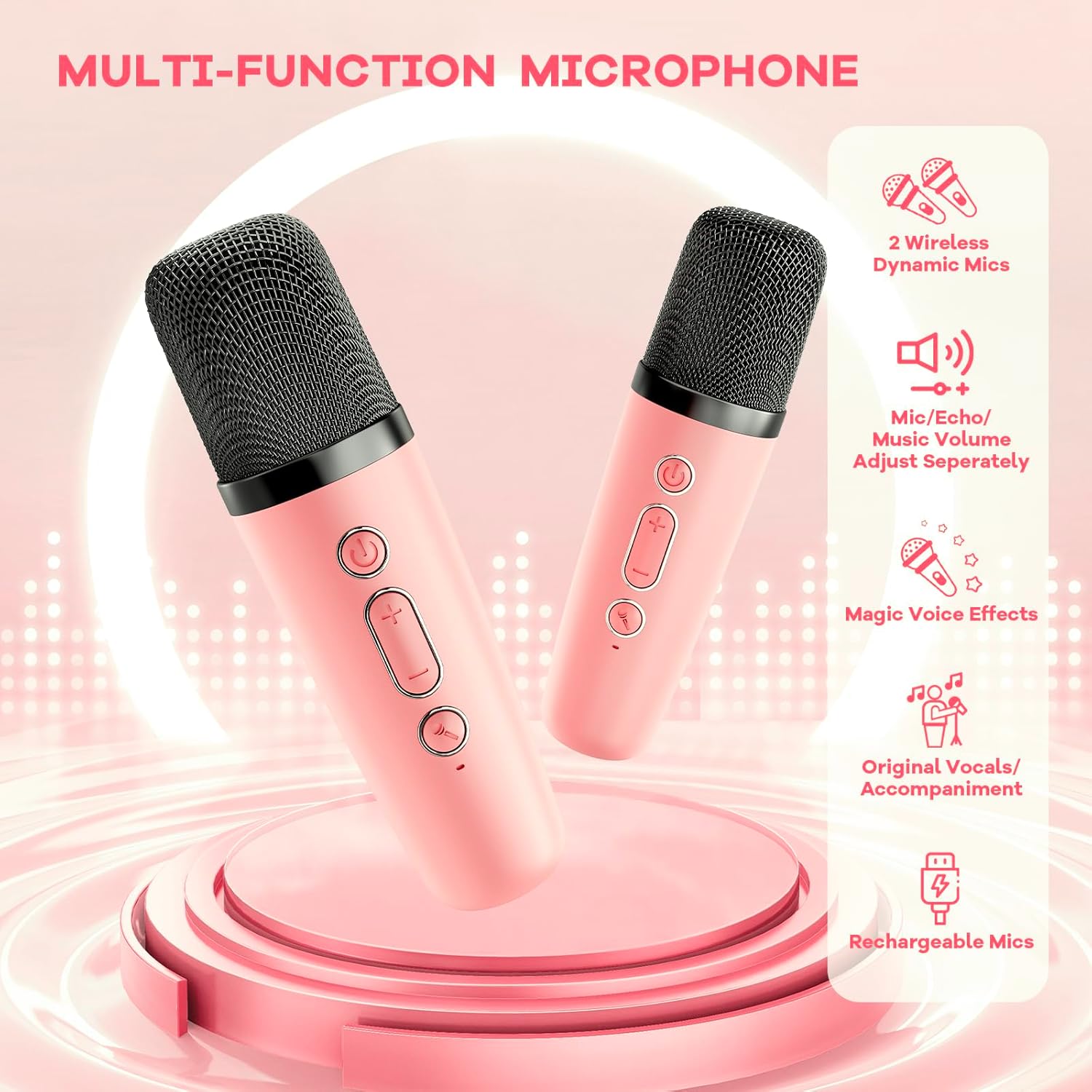 YLL Mini Karaoke Machine for Kids Adults, Portable Bluetooth Speaker with 2 Wireless Microphones,18 Pre-Loaded Songs Toys Birthday Gifts for Girls 4, 5, 6, 7, 8+ Years Old Toddler Teens - MULTICOLOR