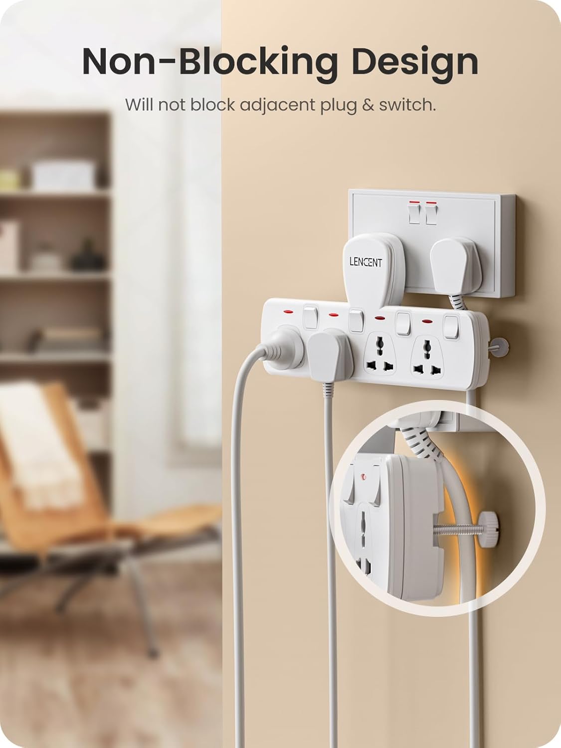 LENCENT Multi Plug Extension Socket, 4 Way Electrical Outlet Extender, Wall Charger, Universal Plug Adapter, Charging Station for Home, Office, Kitchen, Individually Switched