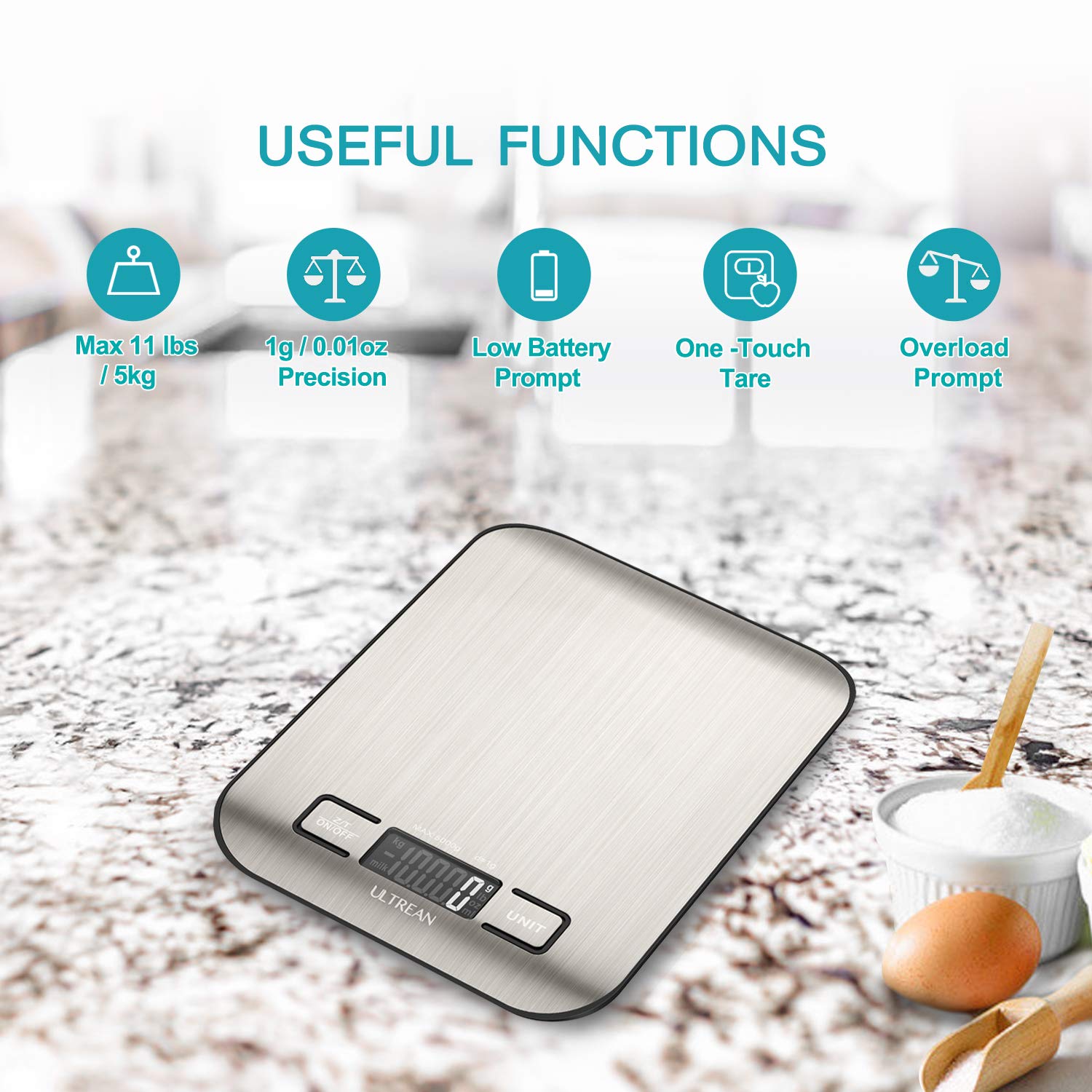 Ultrean Digital Food Scale, High Precision Kitchen Scale, Measures in Grams and Ounces for Cooking and Baking, 5 Units with Tare Function, Stainless Surface (Batteries Included) - Silver