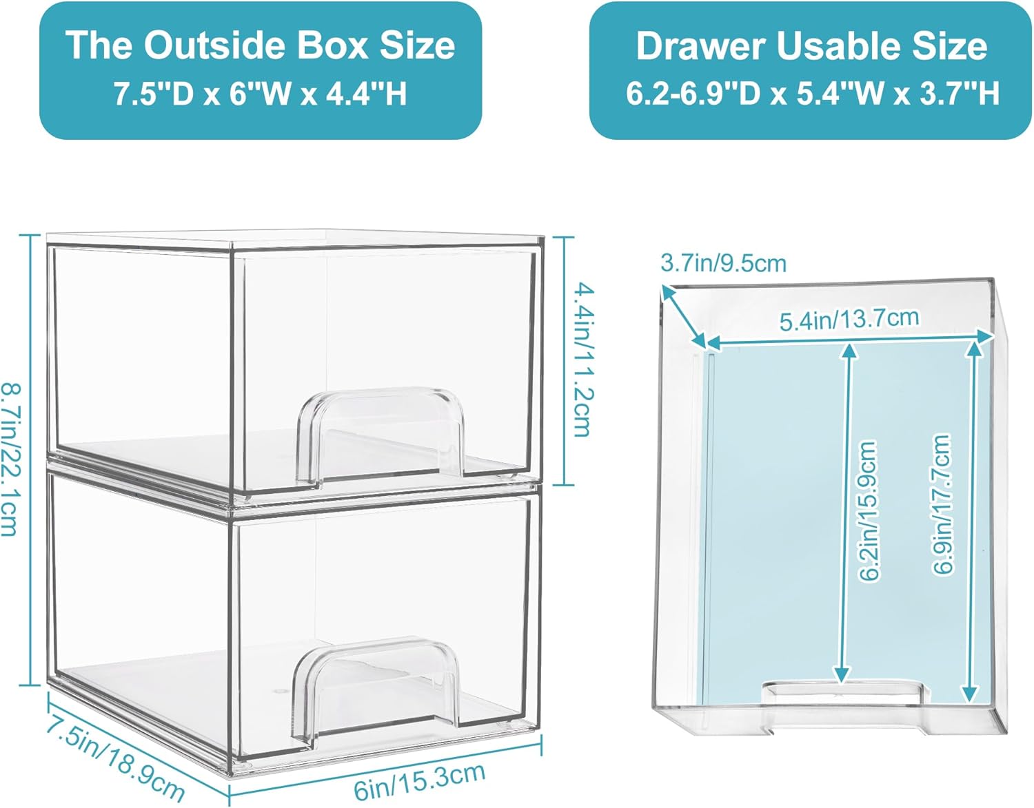 Vtopmart 2-Pack Transparent Stackable Storage Drawers, 4.4-Inch High Acrylic Bathroom Makeup Organizer, Plastic Storage Bins for Dresser, Under Sink, Kitchen Cabinet, Pantry, Home Organization