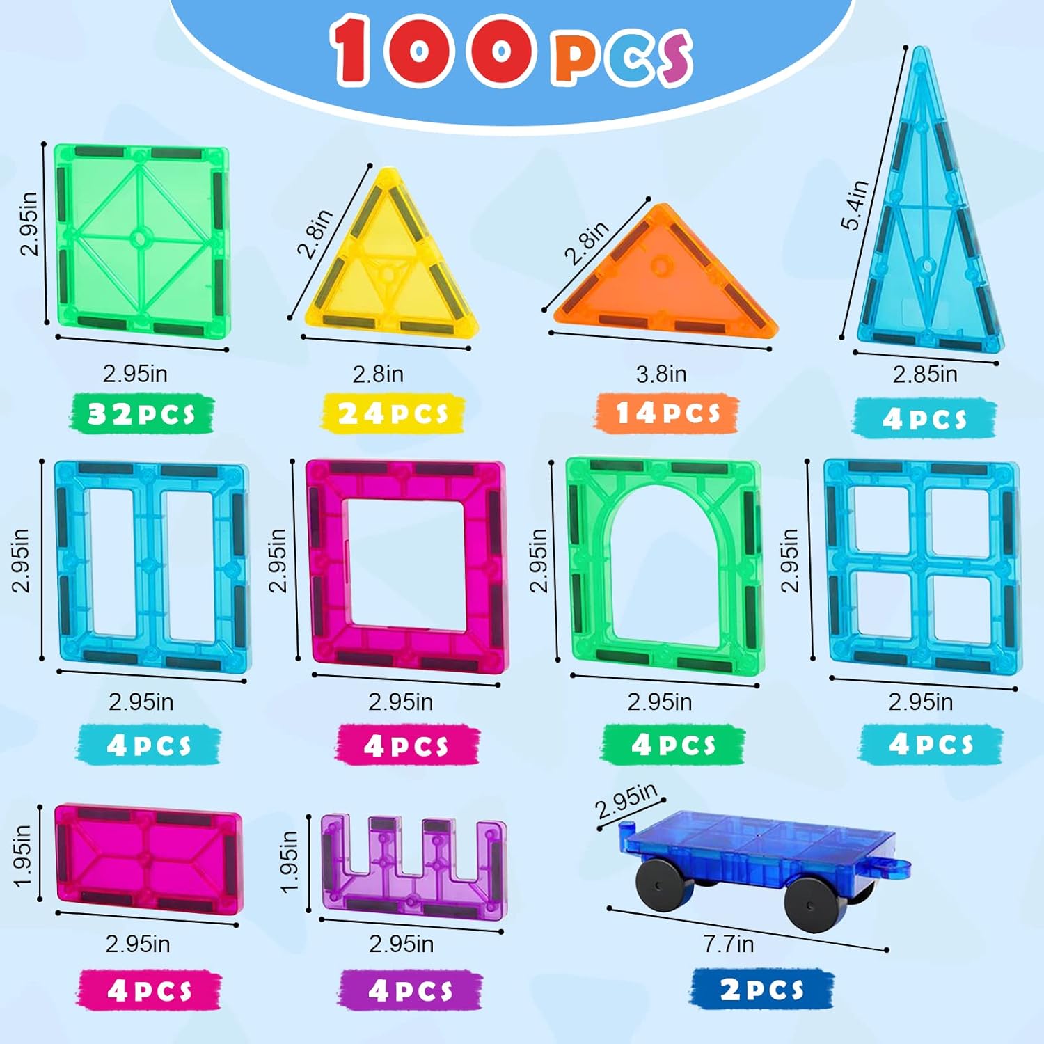 Gemmicc Magnetic Tiles 100 PCS with 2 Cars, STEM Approved Educational Magnet BuildingToys, Magnet Puzzles Stacking Blocks for Boys Girls