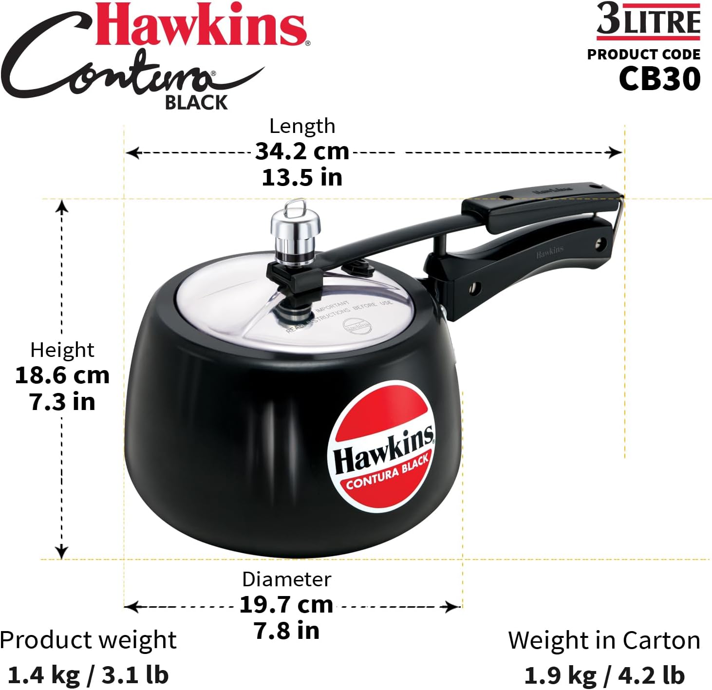 Hawkins 3-Litre Contura Black Pressure Cooker, Hard Anodized Inner Lid Cooker, Handi Pot, Black (CB30)