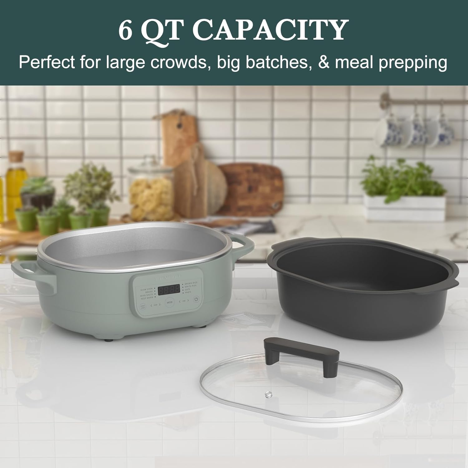 MAGNIFIQUE 6-Quart (Approx. 1.8L) Multi-Function Cooker, 8-in-1 Programmable Slow Cooker, Dutch Oven, Pasta Maker, Wooden Spoon, Non-Stick, Oven-Safe Pot, Up to 500°F (260°C), Olive Green