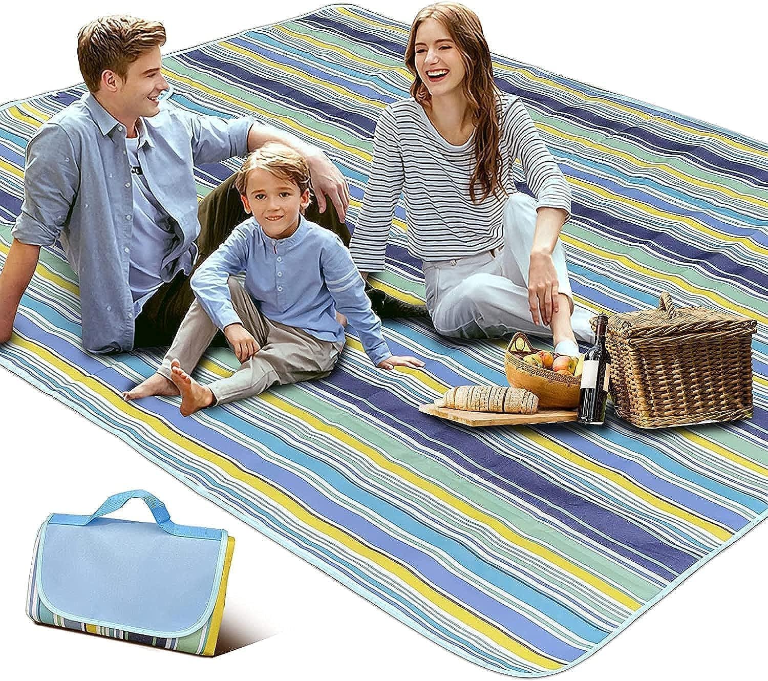 SKY TOUCH Foldable Picnic Blanket Waterproof Beach Blanket Waterproof Picnic Blanket Portable Picnic Mat Portable Beach Mat For Outdoor Camping Family Outdoor Park Garden Blue（145 ×180cm）, Full