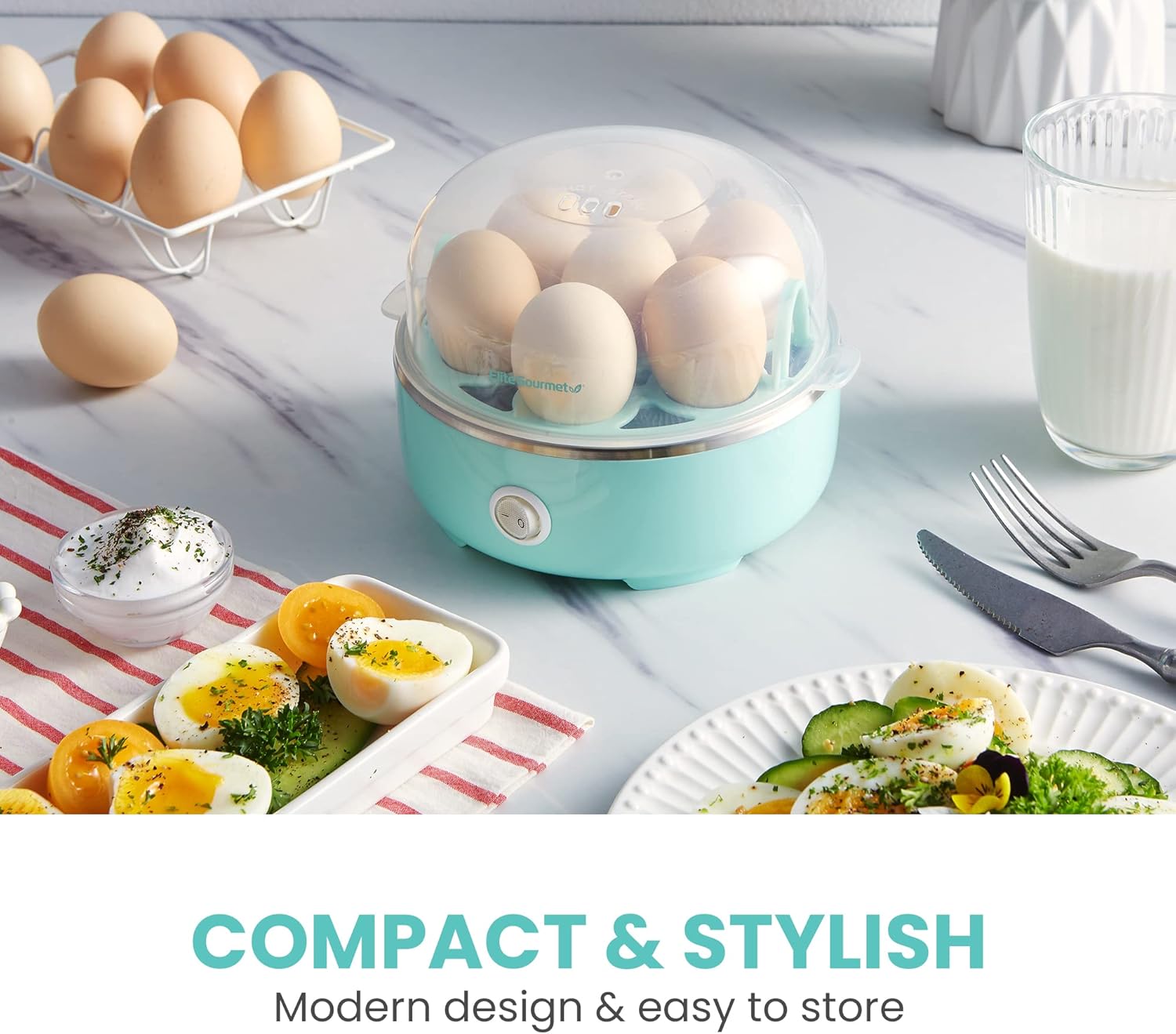 Elite Gourmet EGC115M Easy Electric Egg Cooker, 7-Egg Capacity, Soft, Medium, Hard Boiled Egg Maker, Auto Shut-Off, Includes Measuring Cup, BPA-Free, Retro Mint Green