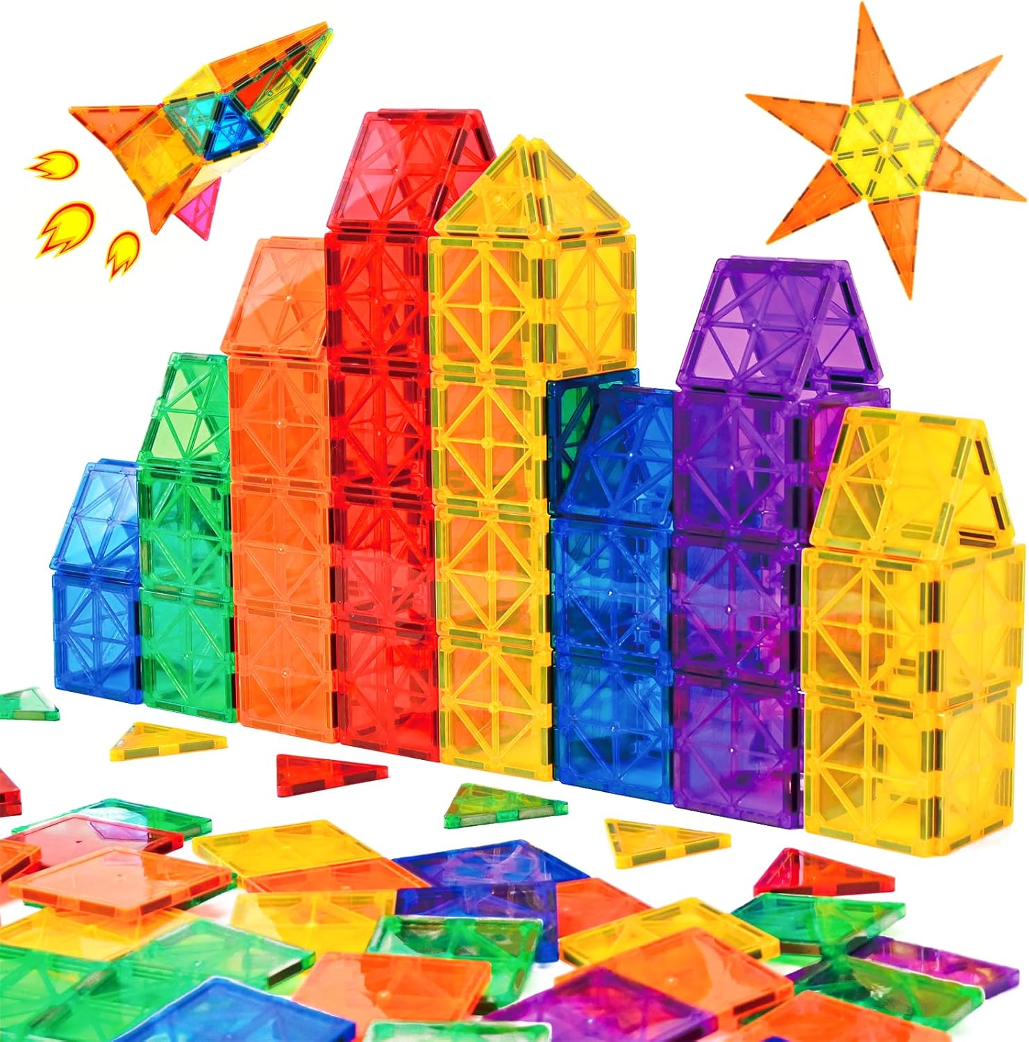 Gemmicc Magnetic Tiles 100 PCS with 2 Cars, STEM Approved Educational Magnet BuildingToys, Magnet Puzzles Stacking Blocks for Boys Girls