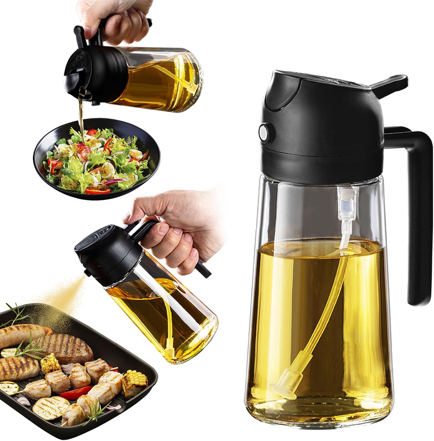 TrendPlain 16oz/470ml Olive Oil Sprayer for Cooking - 2 in 1 Olive Oil Dispenser for Kitchen Gadgets, Air Fryer, Salad, and BBQ - Yellow