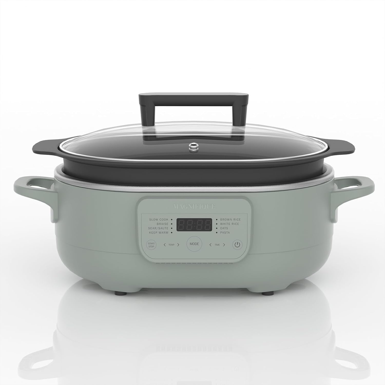 MAGNIFIQUE 6-Quart (Approx. 1.8L) Multi-Function Cooker, 8-in-1 Programmable Slow Cooker, Dutch Oven, Pasta Maker, Wooden Spoon, Non-Stick, Oven-Safe Pot, Up to 500°F (260°C), Olive Green