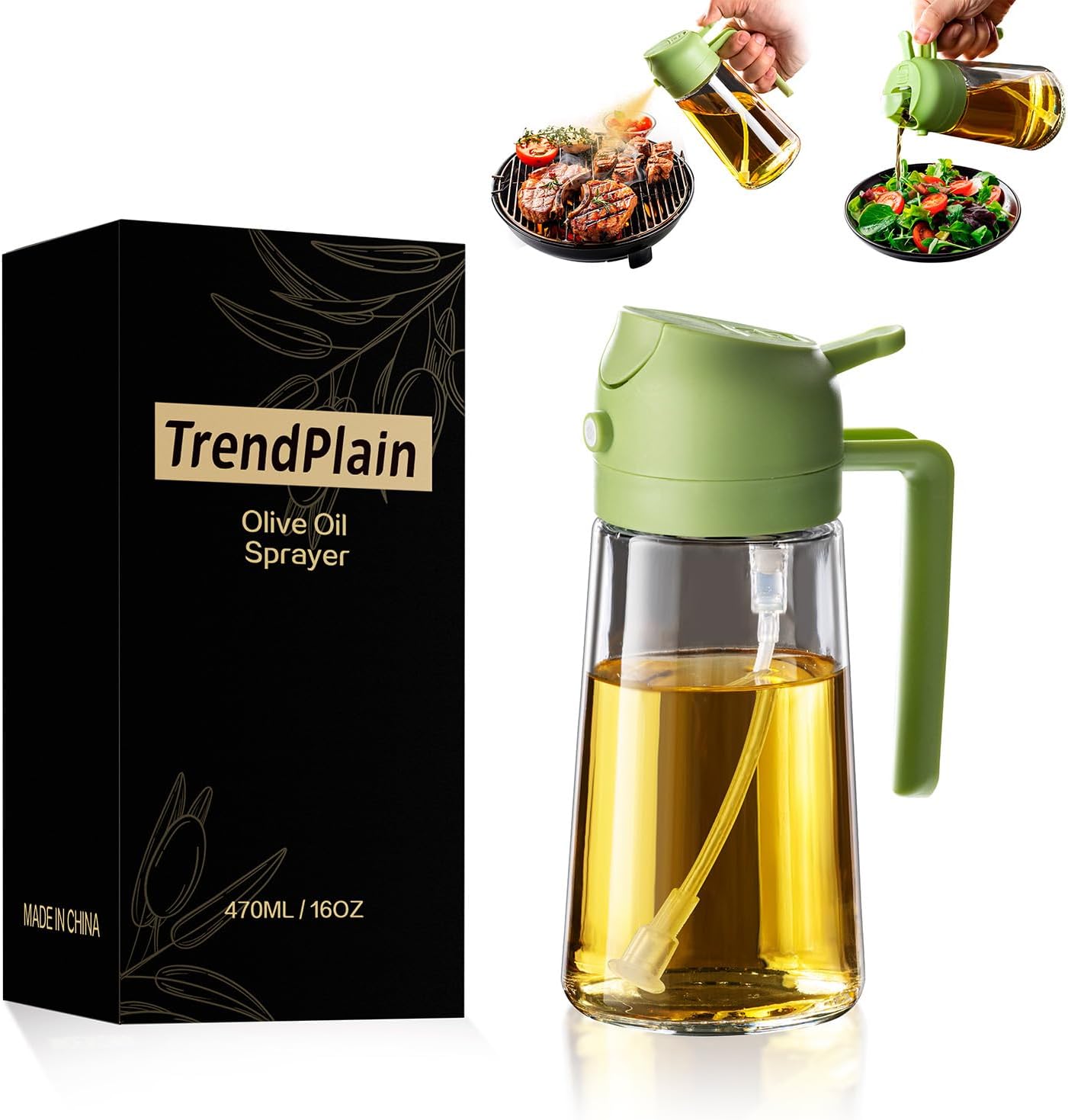 TrendPlain 16oz/470ml Olive Oil Sprayer for Cooking - 2 in 1 Olive Oil Dispenser for Kitchen Gadgets, Air Fryer, Salad, and BBQ - Yellow