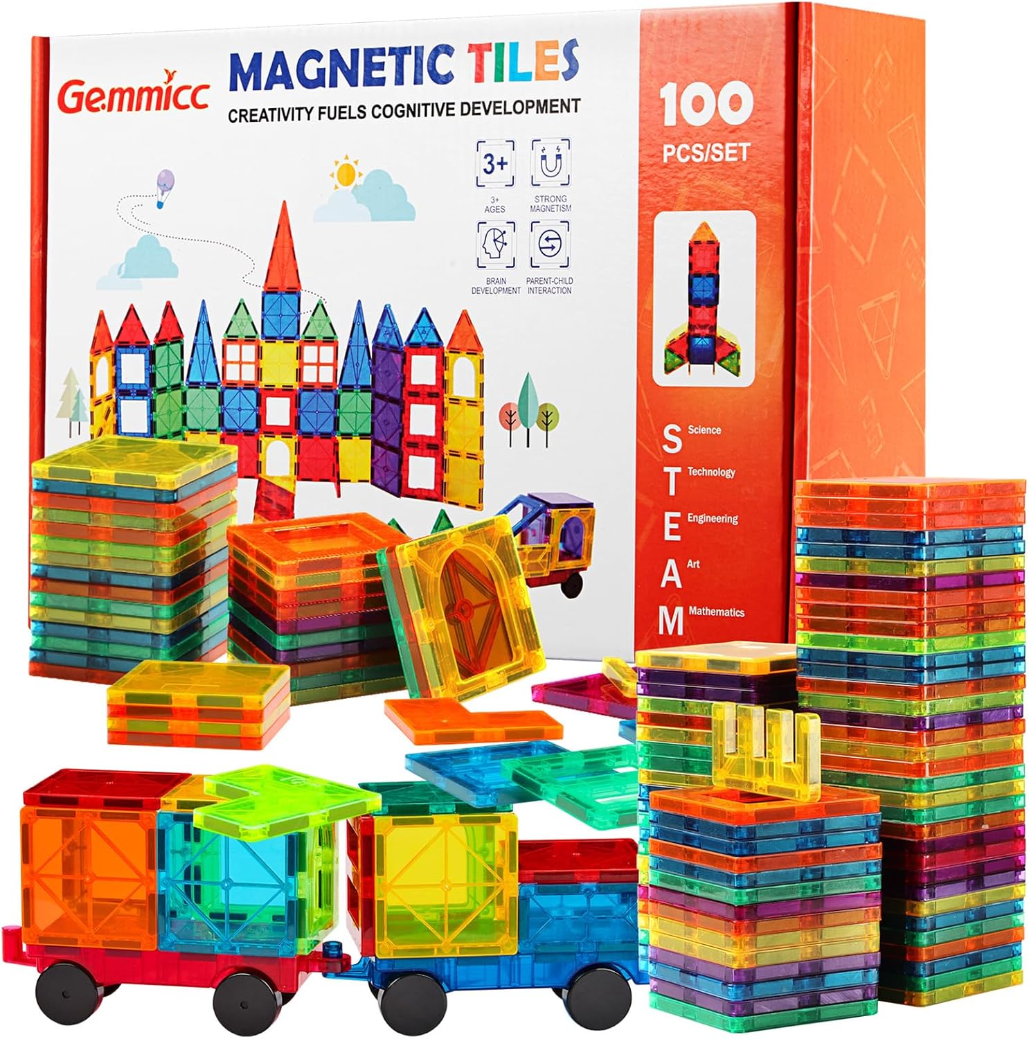 Gemmicc Magnetic Tiles 100 PCS with 2 Cars, STEM Approved Educational Magnet BuildingToys, Magnet Puzzles Stacking Blocks for Boys Girls