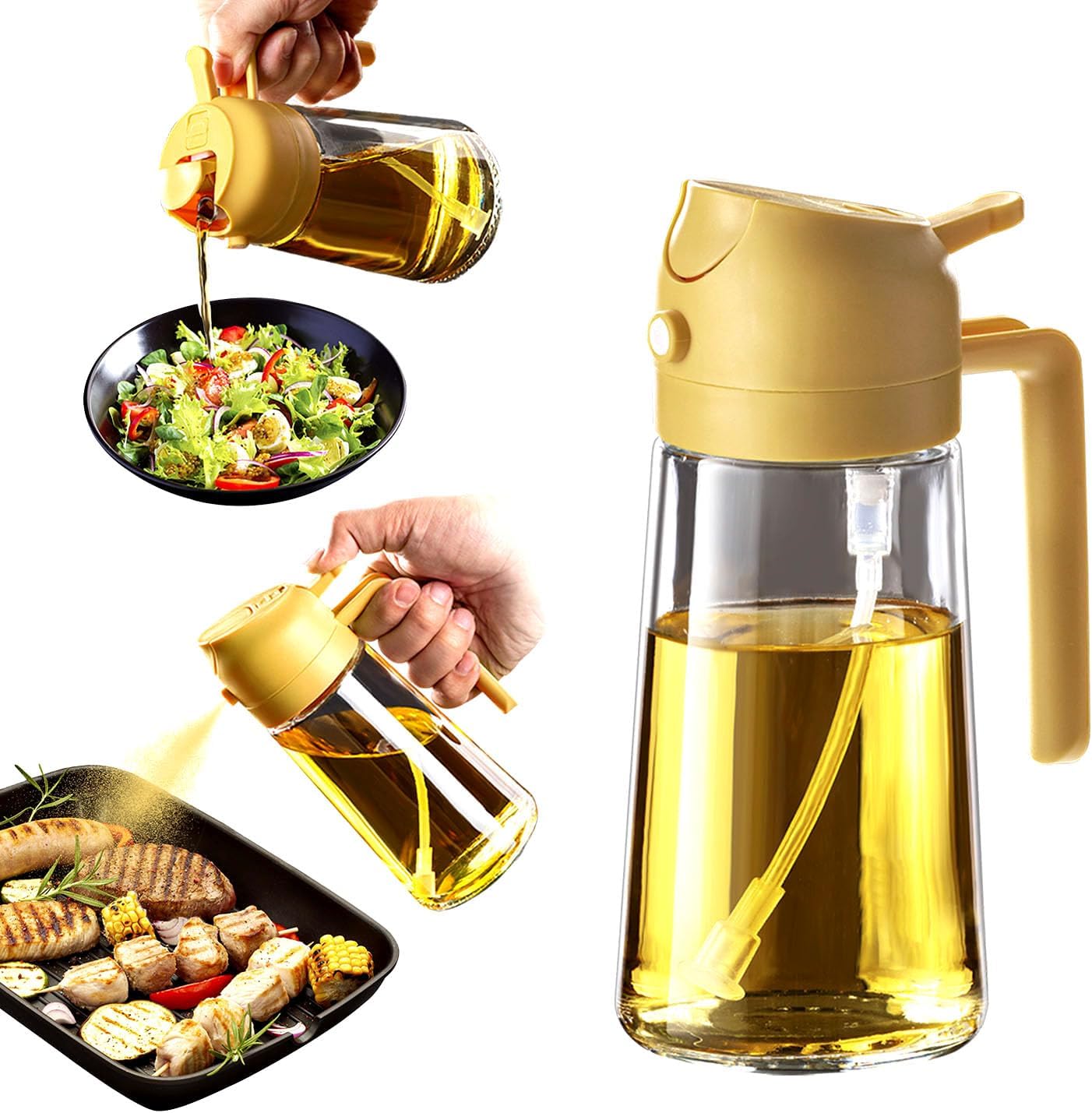 TrendPlain 16oz/470ml Olive Oil Sprayer for Cooking - 2 in 1 Olive Oil Dispenser for Kitchen Gadgets, Air Fryer, Salad, and BBQ - Yellow