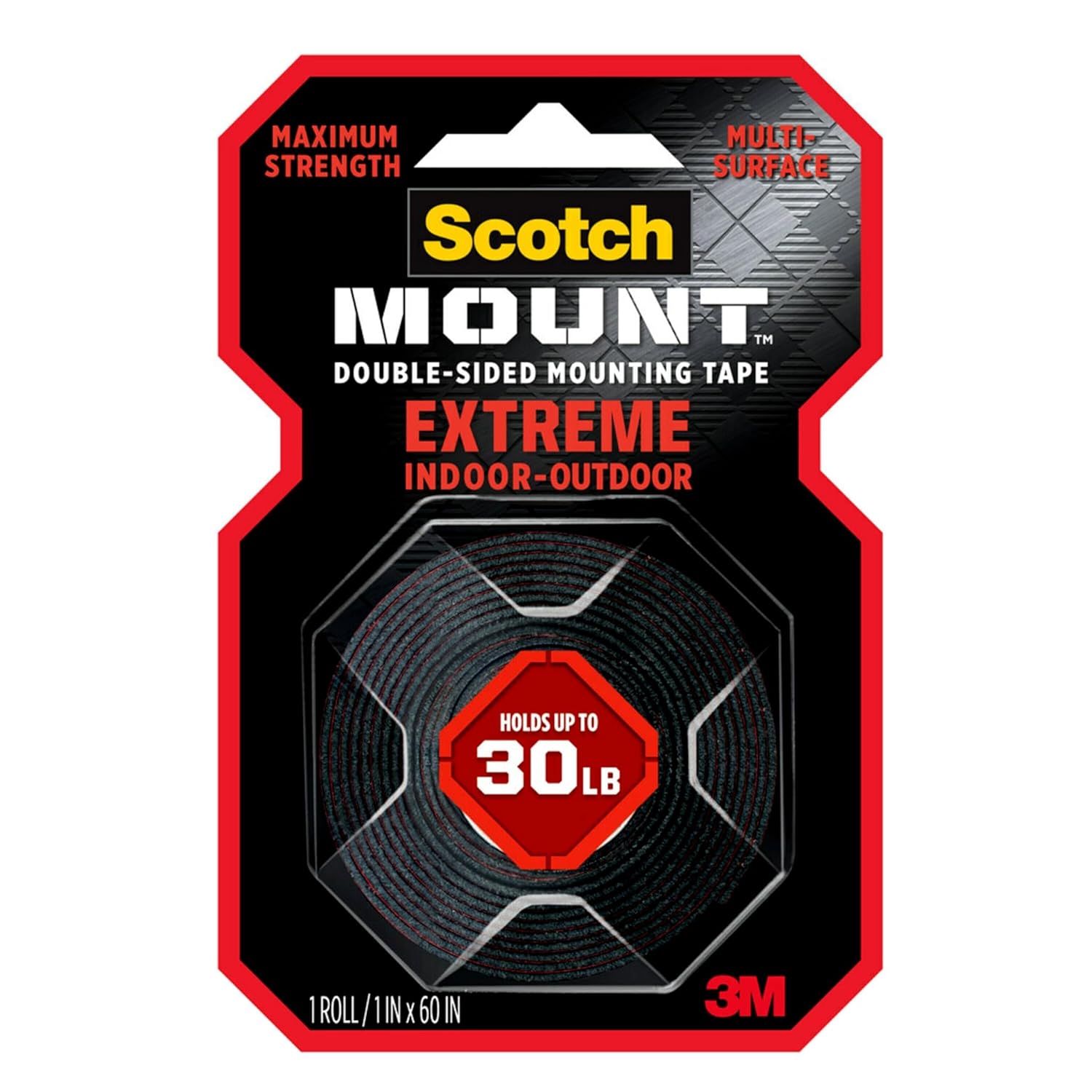 Scotch Mount Extreme Strong Tape 1 in x 60 in roll (25.4mm x 1.52m), 1 roll/pack | Holds 13.6kg whole role | Black color | Maximum strength| indoor and Outdoor | No Tools | Double Sided Adhesive Tape